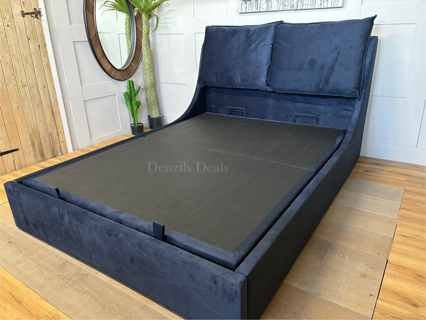 Super King-size Ottoman Bed, Wren Smooth Stone Fabric Oak FurnitureLand