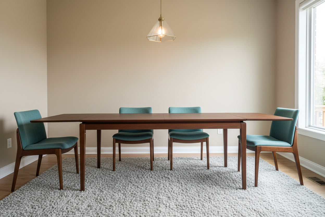 A modern dining room featuring the AM.PM Yolo walnut extending dining table surrounded by matching chairs on a neutral rug.