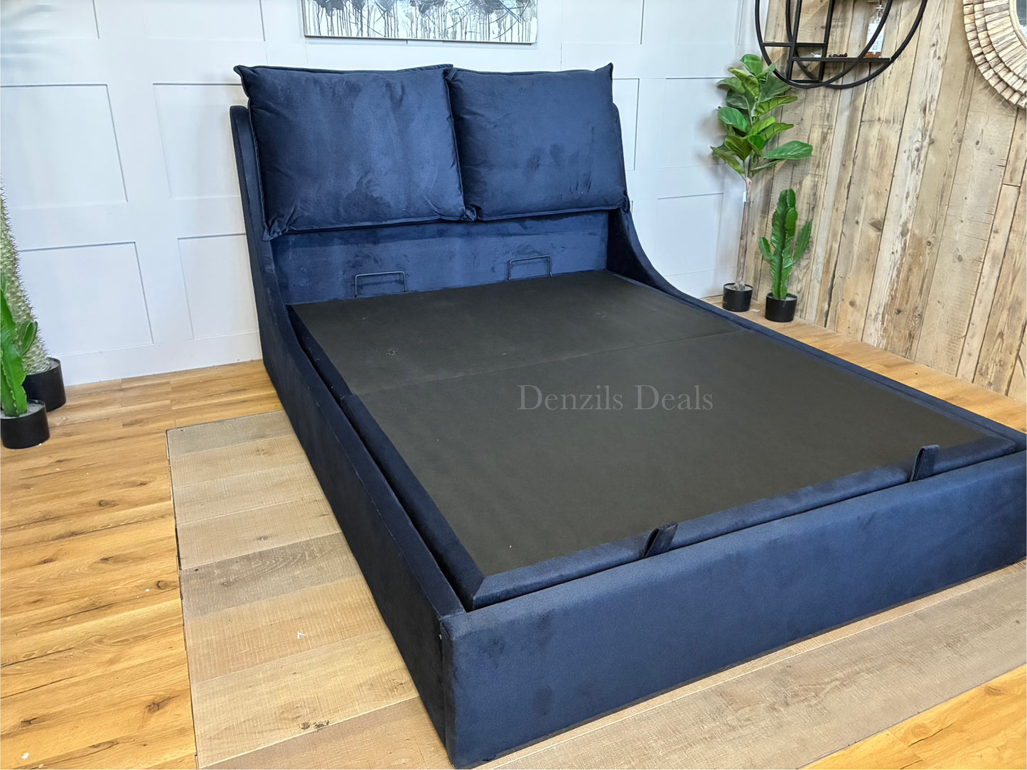 Super King-size Ottoman Bed, Wren Smooth Stone Fabric Oak FurnitureLand