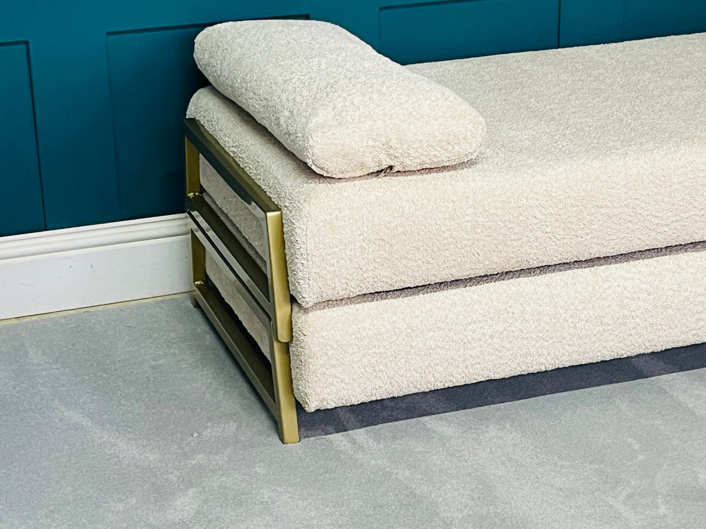 innovative Duplet Daybed With Powder Coated Gold Legs . Cream Boucle