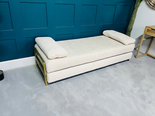 innovative Duplet Daybed With Powder Coated Gold Legs . Cream Boucle