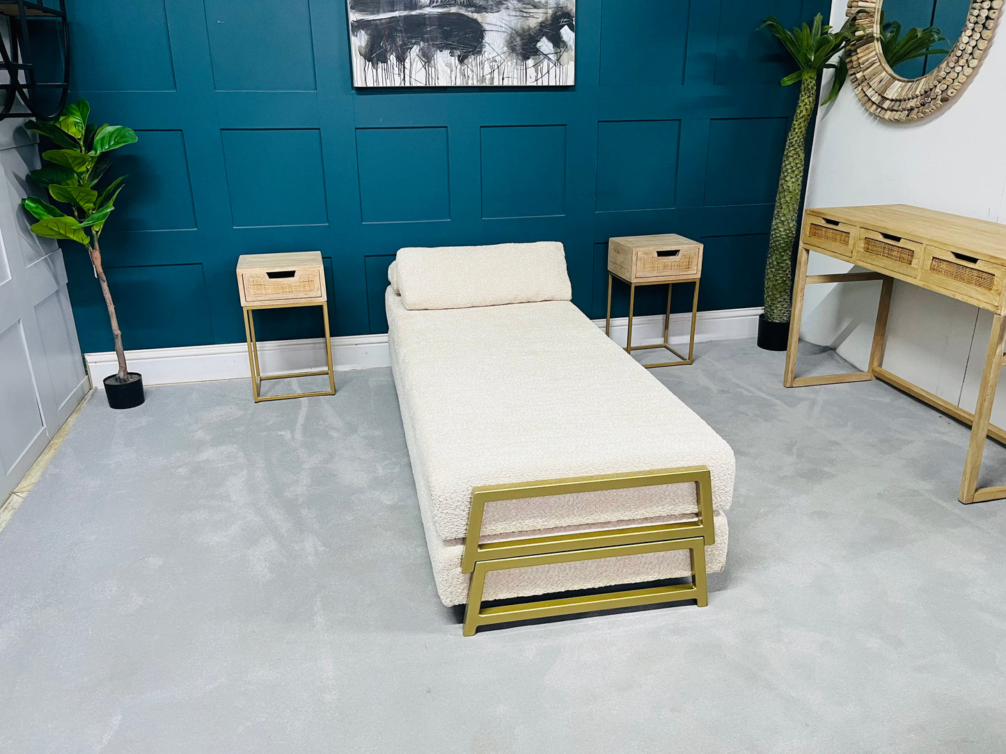 innovative Duplet Daybed With Powder Coated Gold Legs . Cream Boucle