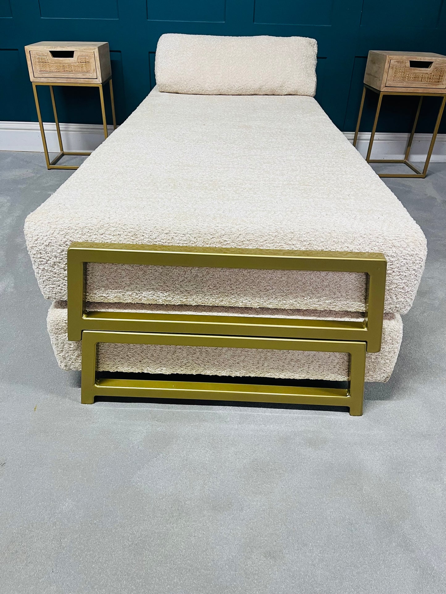 innovative Duplet Daybed With Powder Coated Gold Legs . Cream Boucle