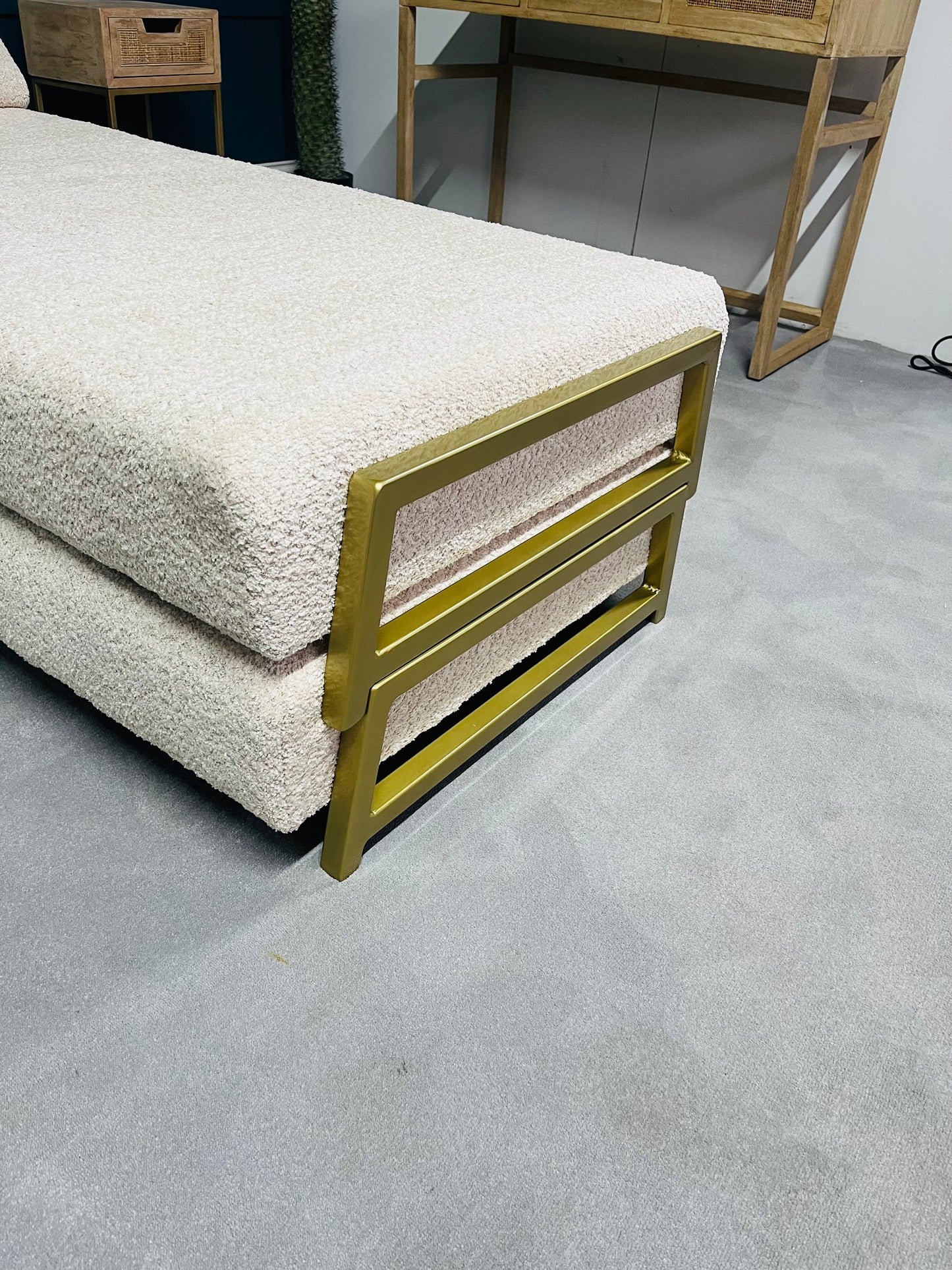 innovative Duplet Daybed With Powder Coated Gold Legs . Cream Boucle