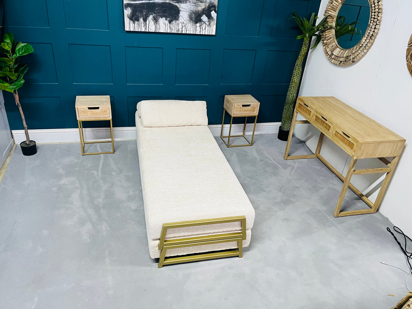 innovative Duplet Daybed With Powder Coated Gold Legs . Cream Boucle