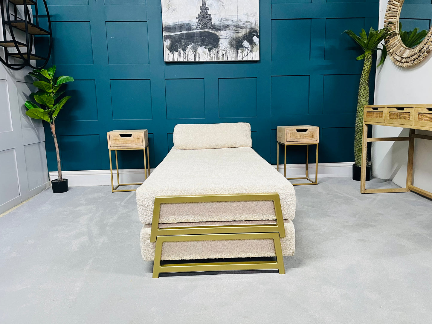 innovative Duplet Daybed With Powder Coated Gold Legs . Cream Boucle