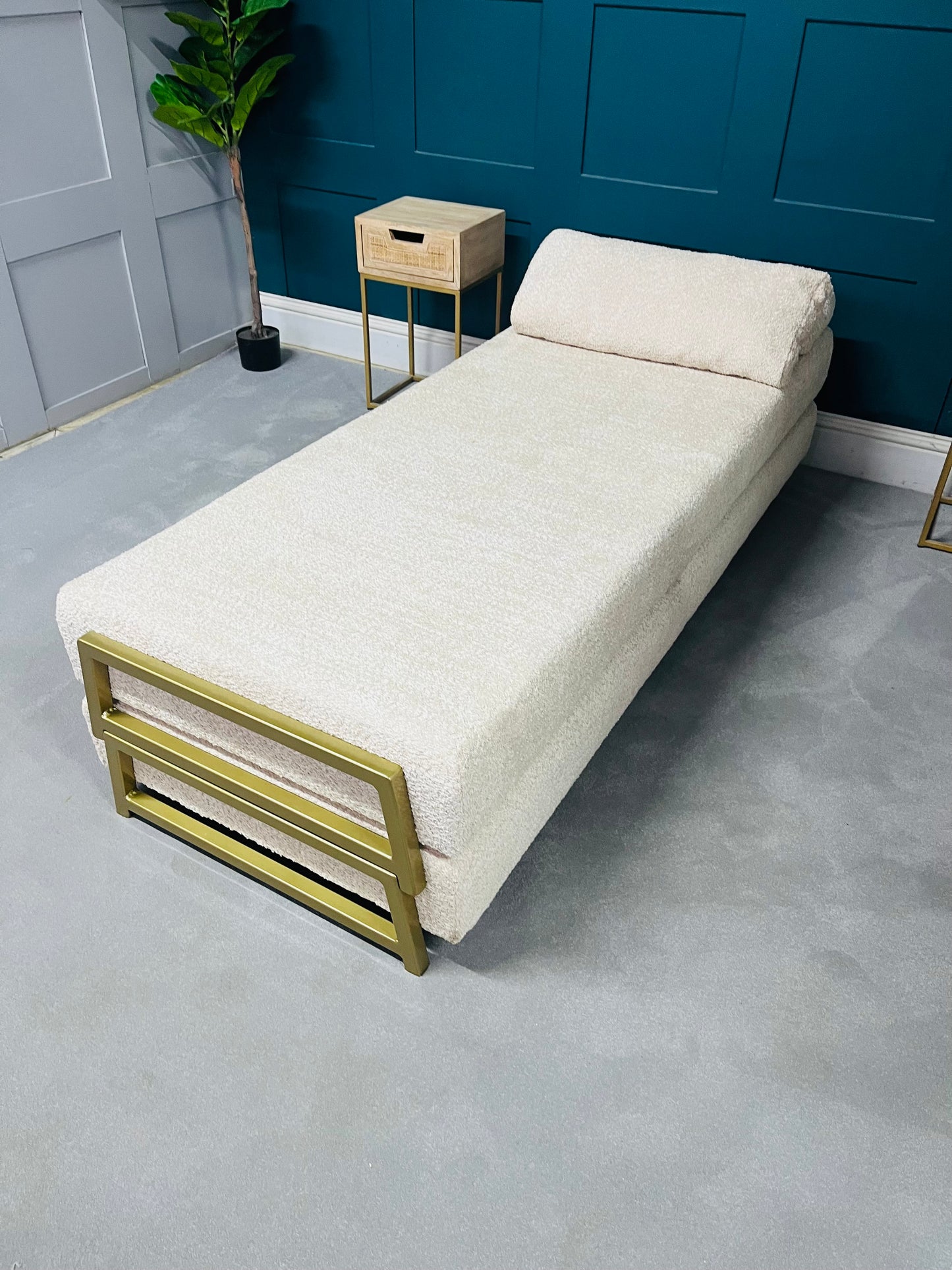 innovative Duplet Daybed With Powder Coated Gold Legs . Cream Boucle