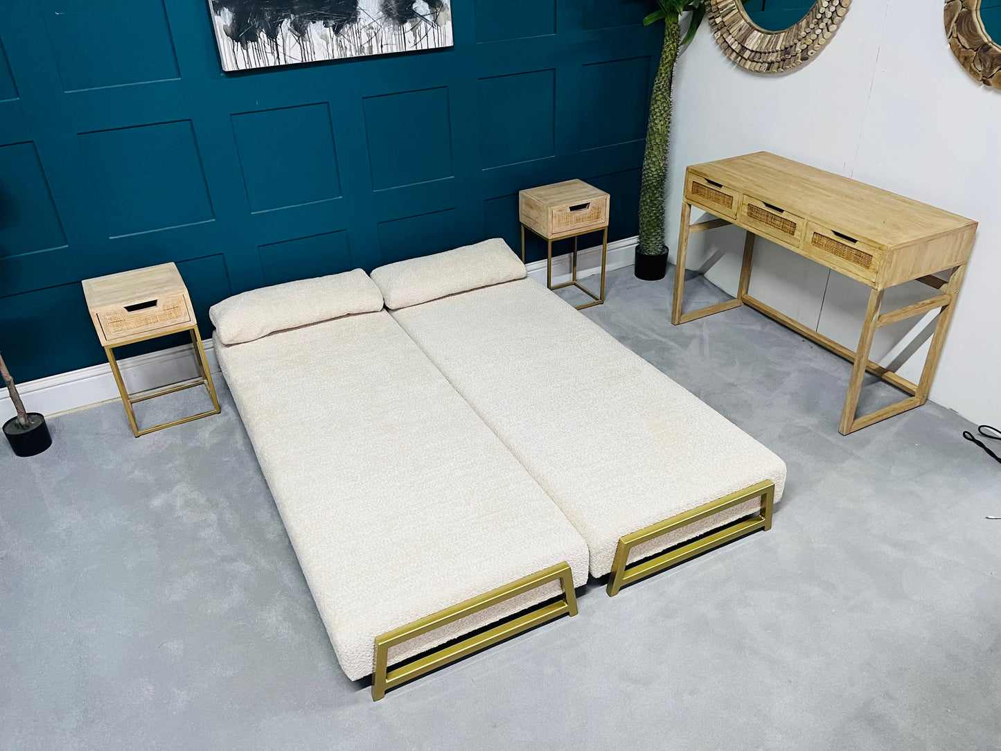 innovative Duplet Daybed With Powder Coated Gold Legs . Cream Boucle