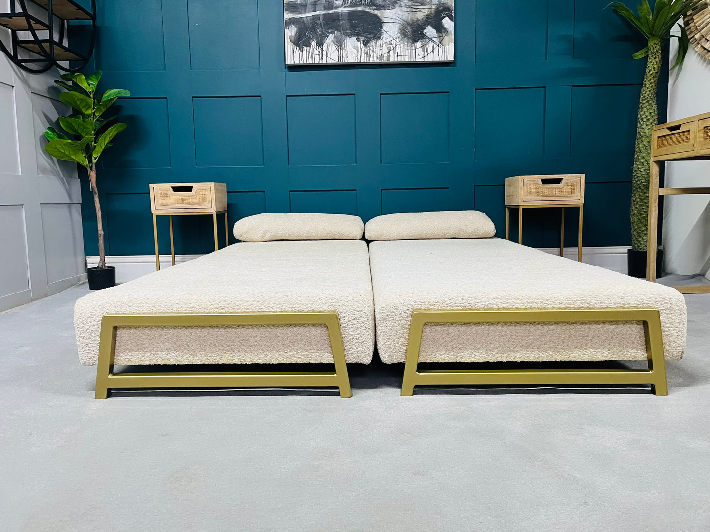 innovative Duplet Daybed With Powder Coated Gold Legs . Cream Boucle