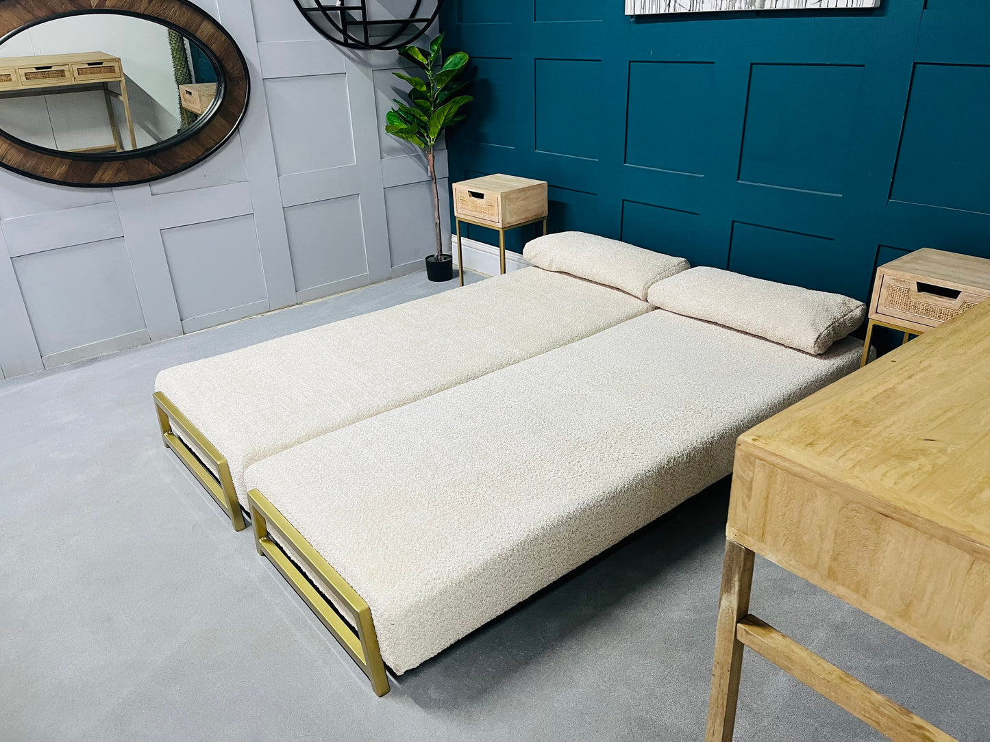 innovative Duplet Daybed With Powder Coated Gold Legs . Cream Boucle