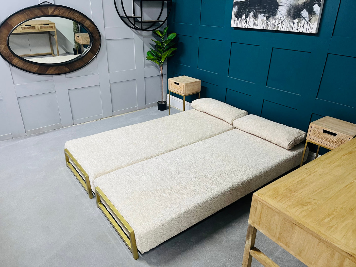 innovative Duplet Daybed With Powder Coated Gold Legs . Cream Boucle