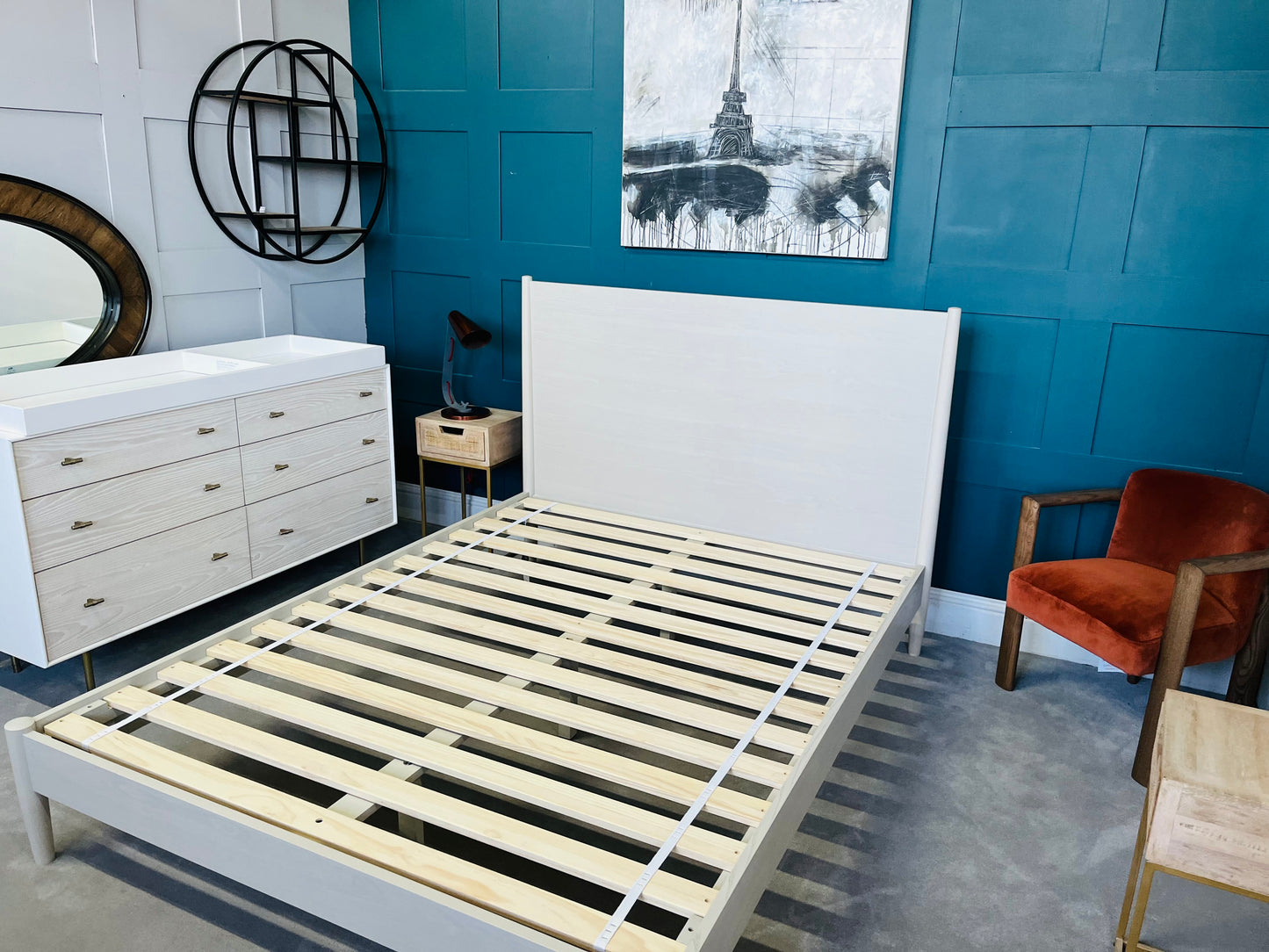 West Elm King Size Mid-Century Bed, Pebble