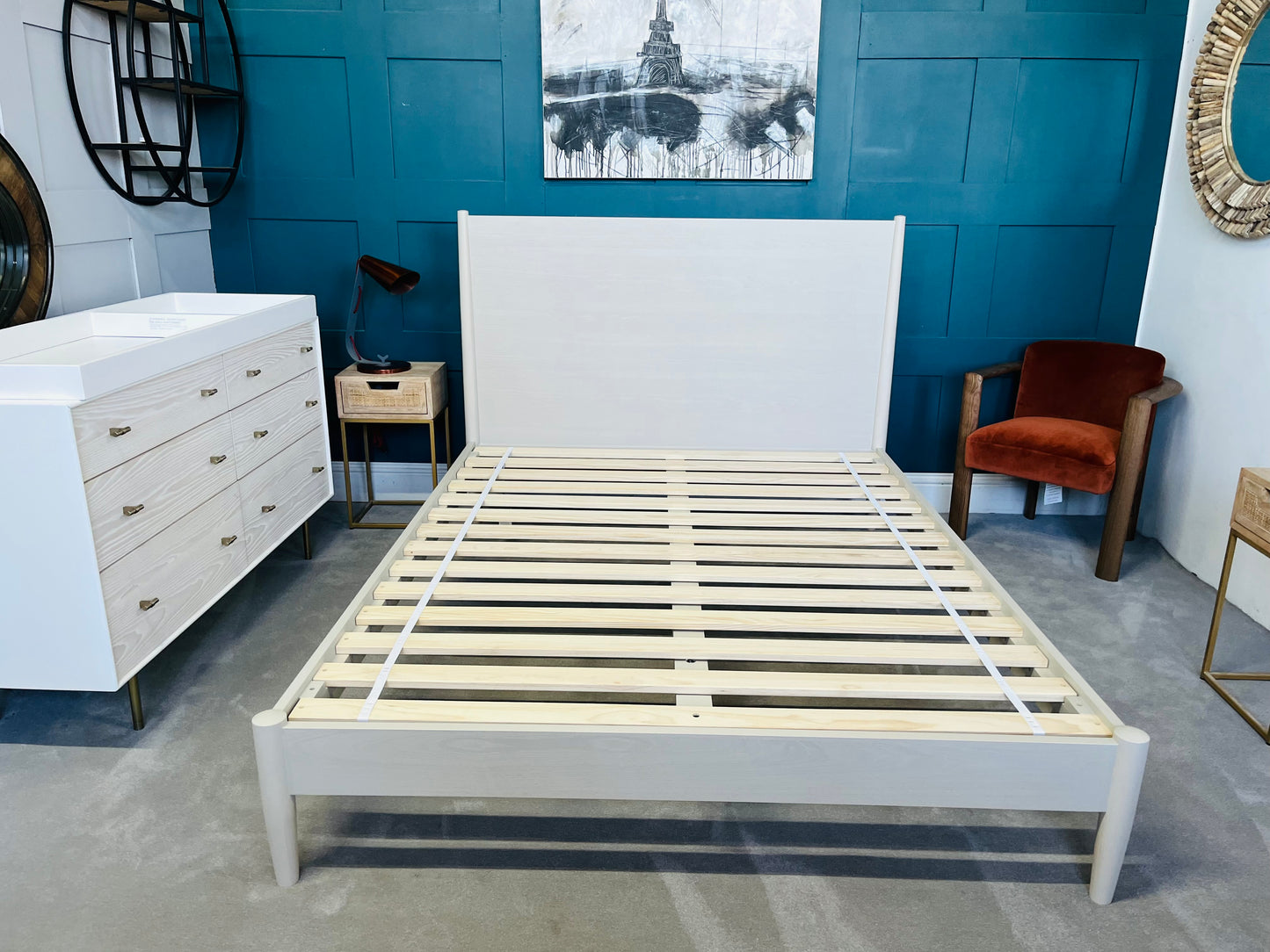 West Elm King Size Mid-Century Bed, Pebble