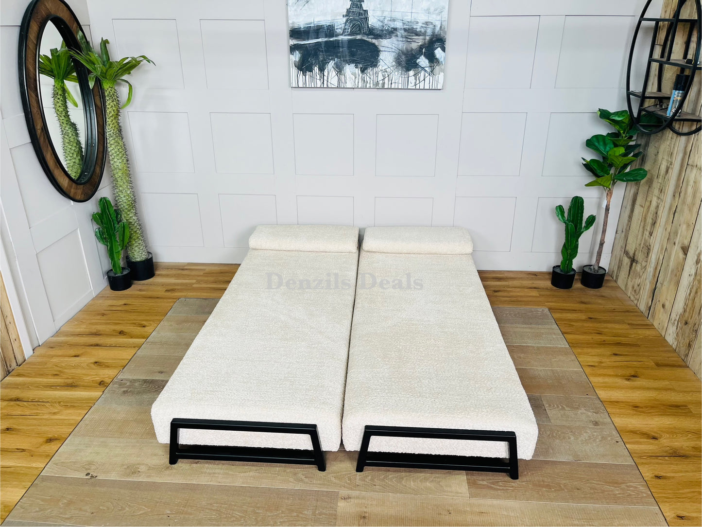 innovative Duplet Daybed With Powder Coated Black metal Legs . Cream Boucle