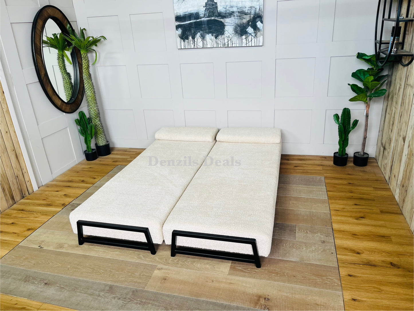innovative Duplet Daybed With Powder Coated Black metal Legs . Cream Boucle
