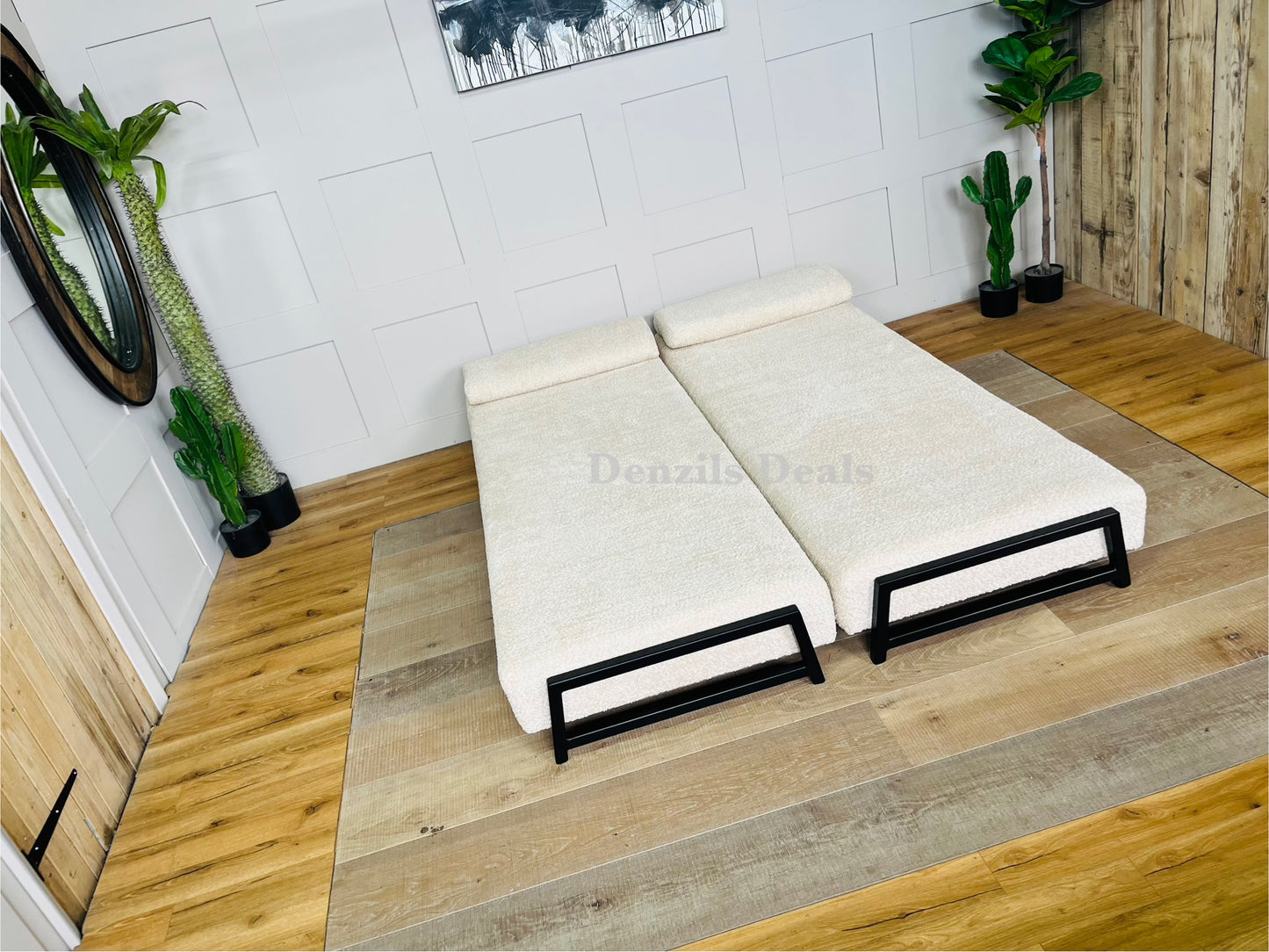 innovative Duplet Daybed With Powder Coated Black metal Legs . Cream Boucle