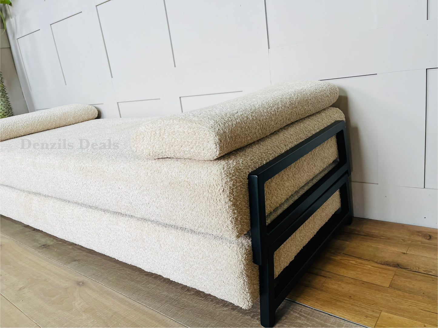 innovative Duplet Daybed With Powder Coated Black metal Legs . Cream Boucle