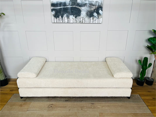 innovative Duplet Daybed With Powder Coated Black metal Legs . Cream Boucle