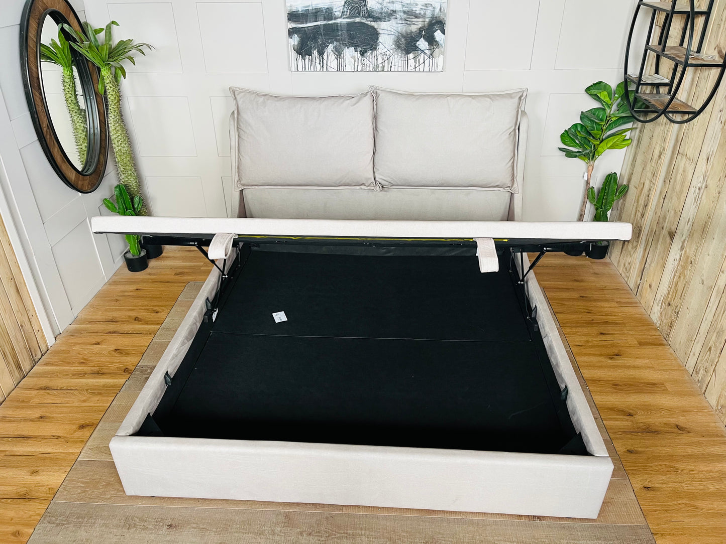 Super King-size Ottoman Bed, Wren Smooth Stone Fabric Oak FurnitureLand