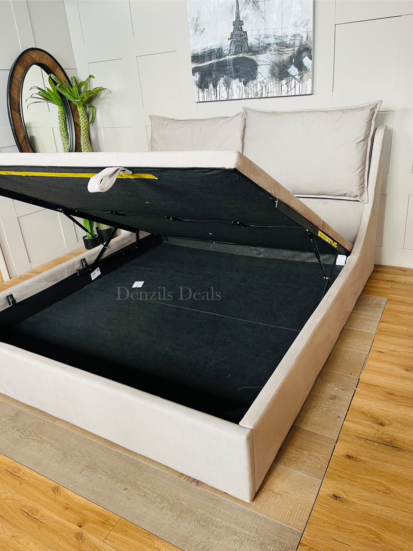Super King-size Ottoman Bed, Wren Smooth Stone Fabric Oak FurnitureLand