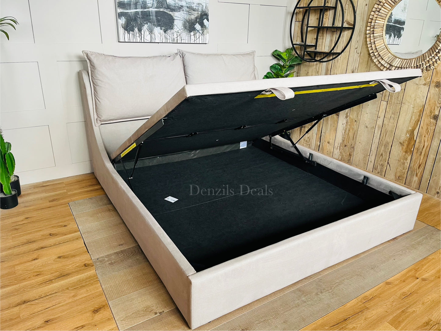 Super King-size Ottoman Bed, Wren Smooth Stone Fabric Oak FurnitureLand