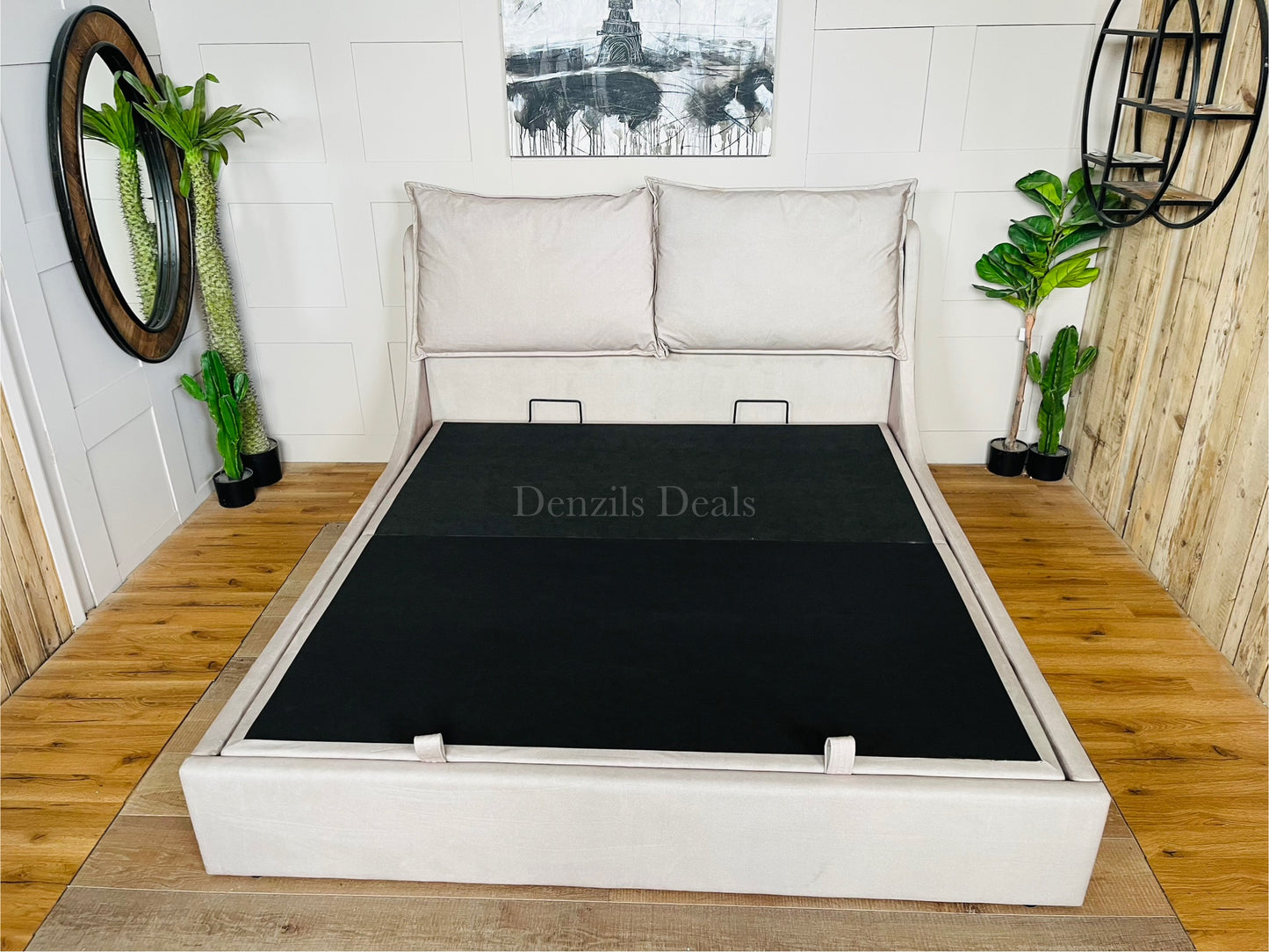 Super King-size Ottoman Bed, Wren Smooth Stone Fabric Oak FurnitureLand