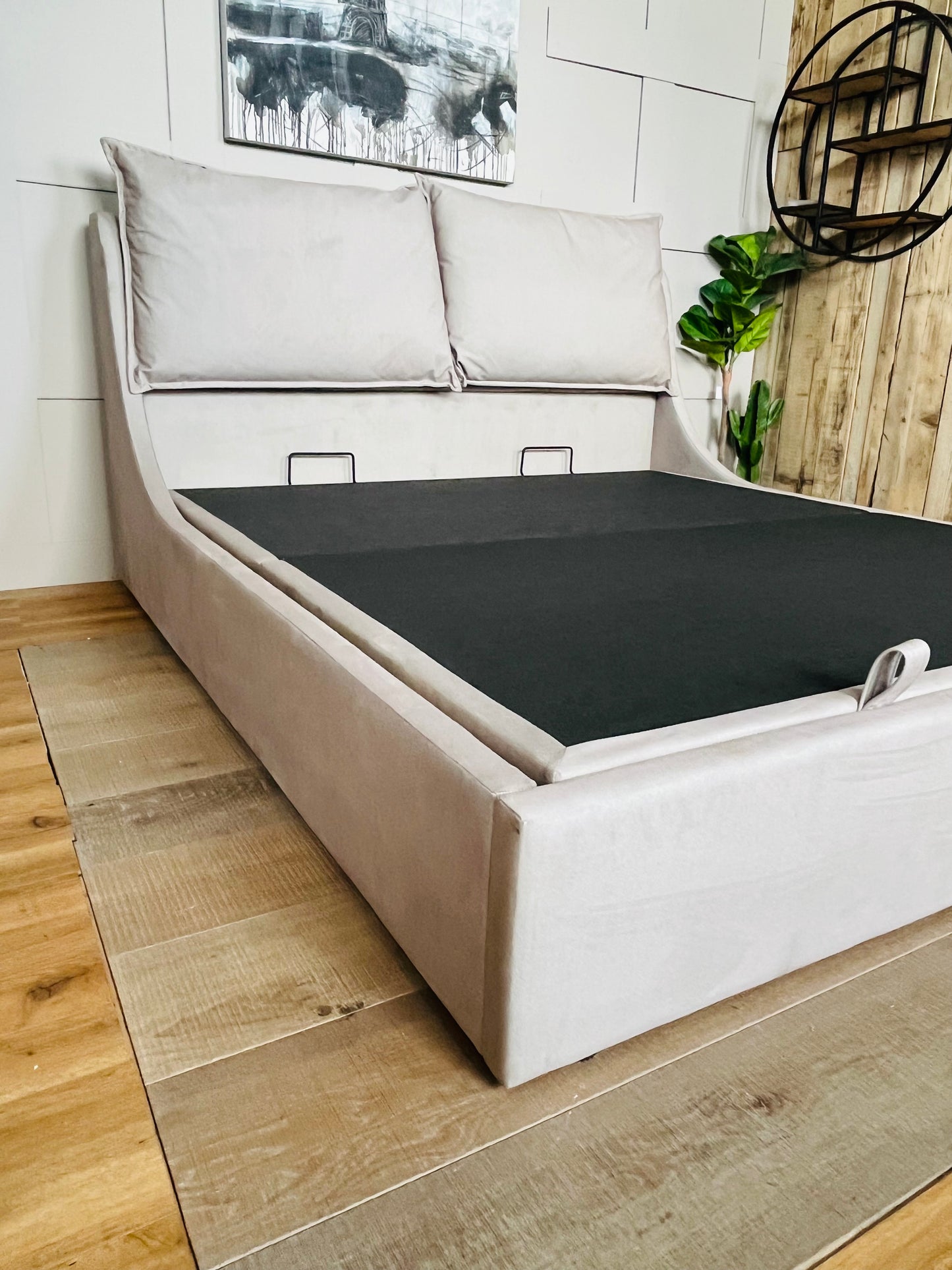 Super King-size Ottoman Bed, Wren Smooth Stone Fabric Oak FurnitureLand