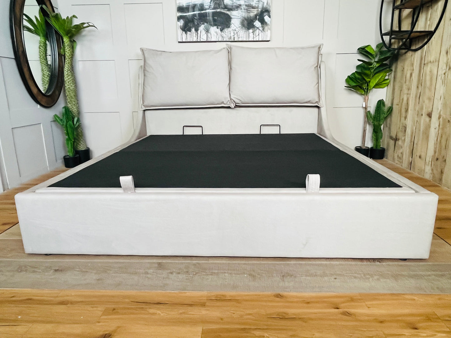 Super King-size Ottoman Bed, Wren Smooth Stone Fabric Oak FurnitureLand