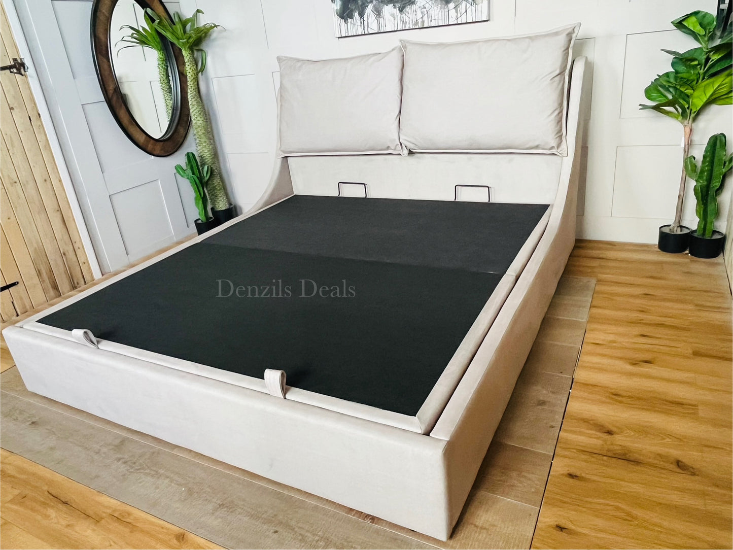 Super King-size Ottoman Bed, Wren Smooth Stone Fabric Oak FurnitureLand