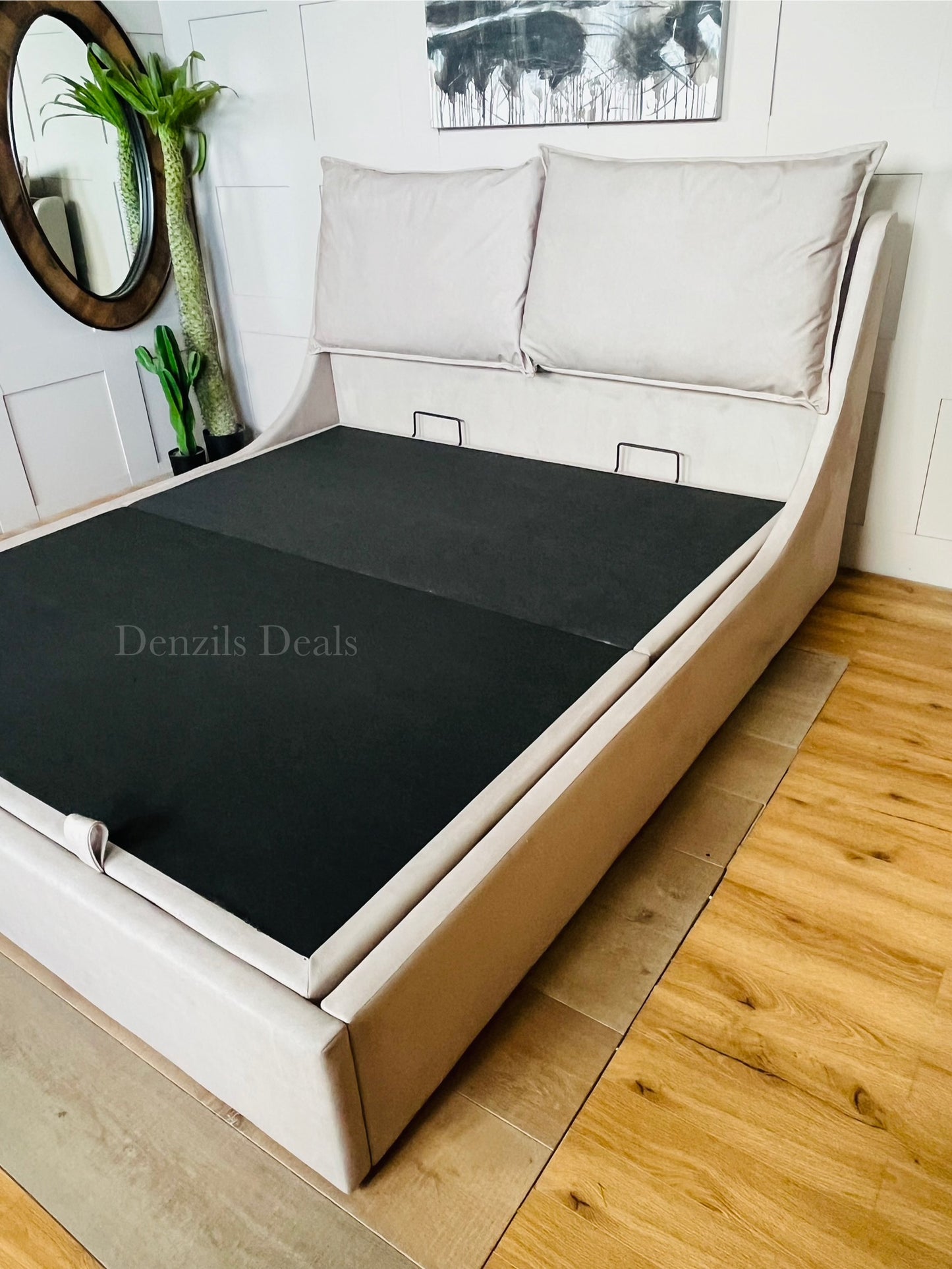 Super King-size Ottoman Bed, Wren Smooth Stone Fabric Oak FurnitureLand