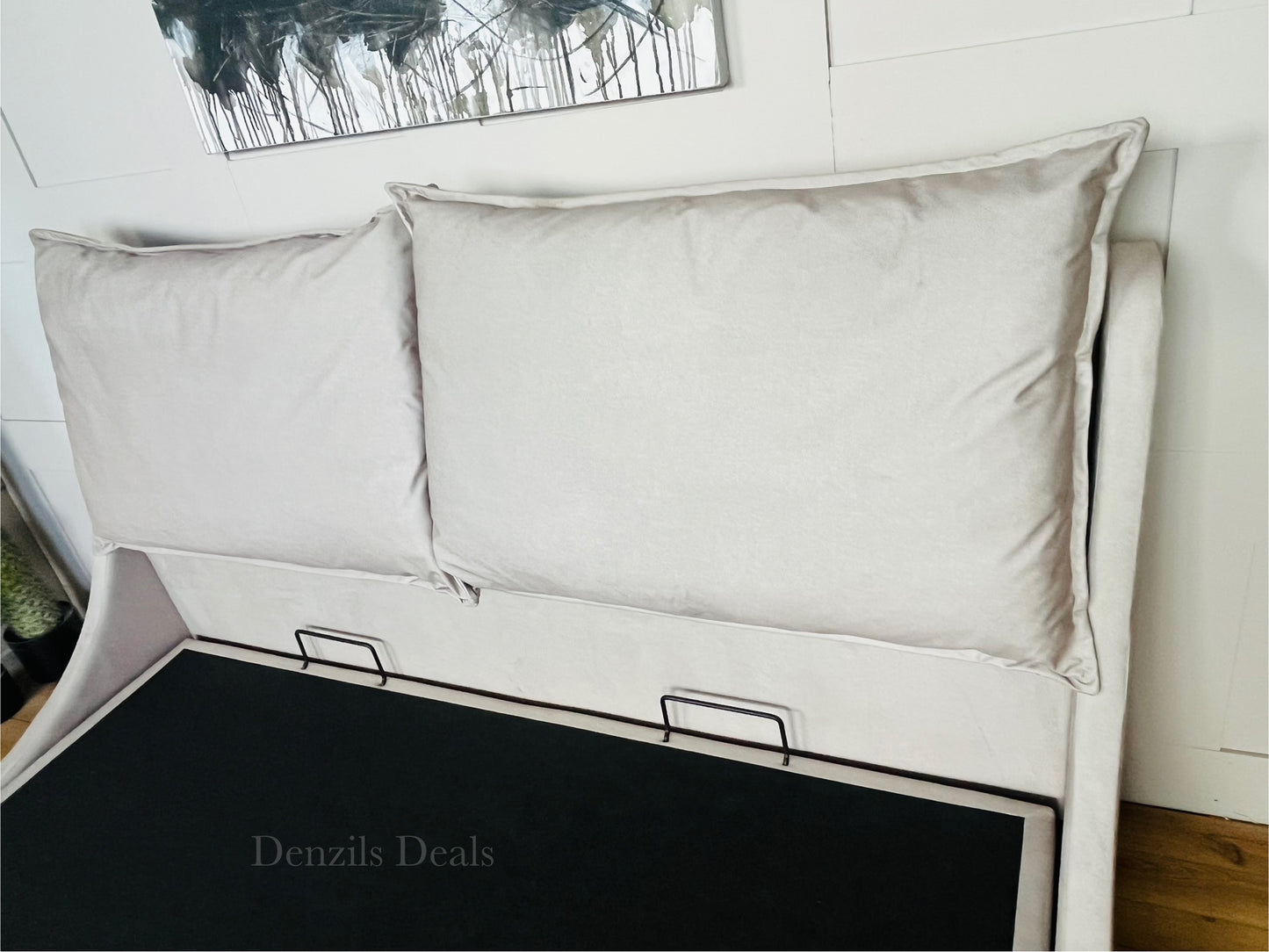 Super King-size Ottoman Bed, Wren Smooth Stone Fabric Oak FurnitureLand