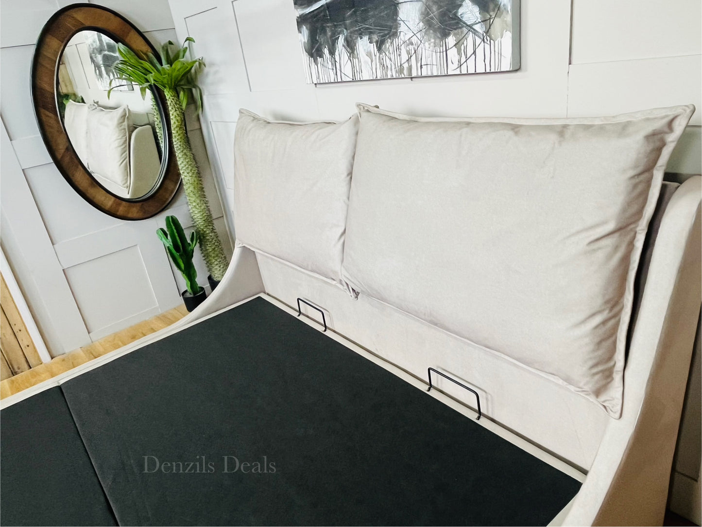 Super King-size Ottoman Bed, Wren Smooth Stone Fabric Oak FurnitureLand