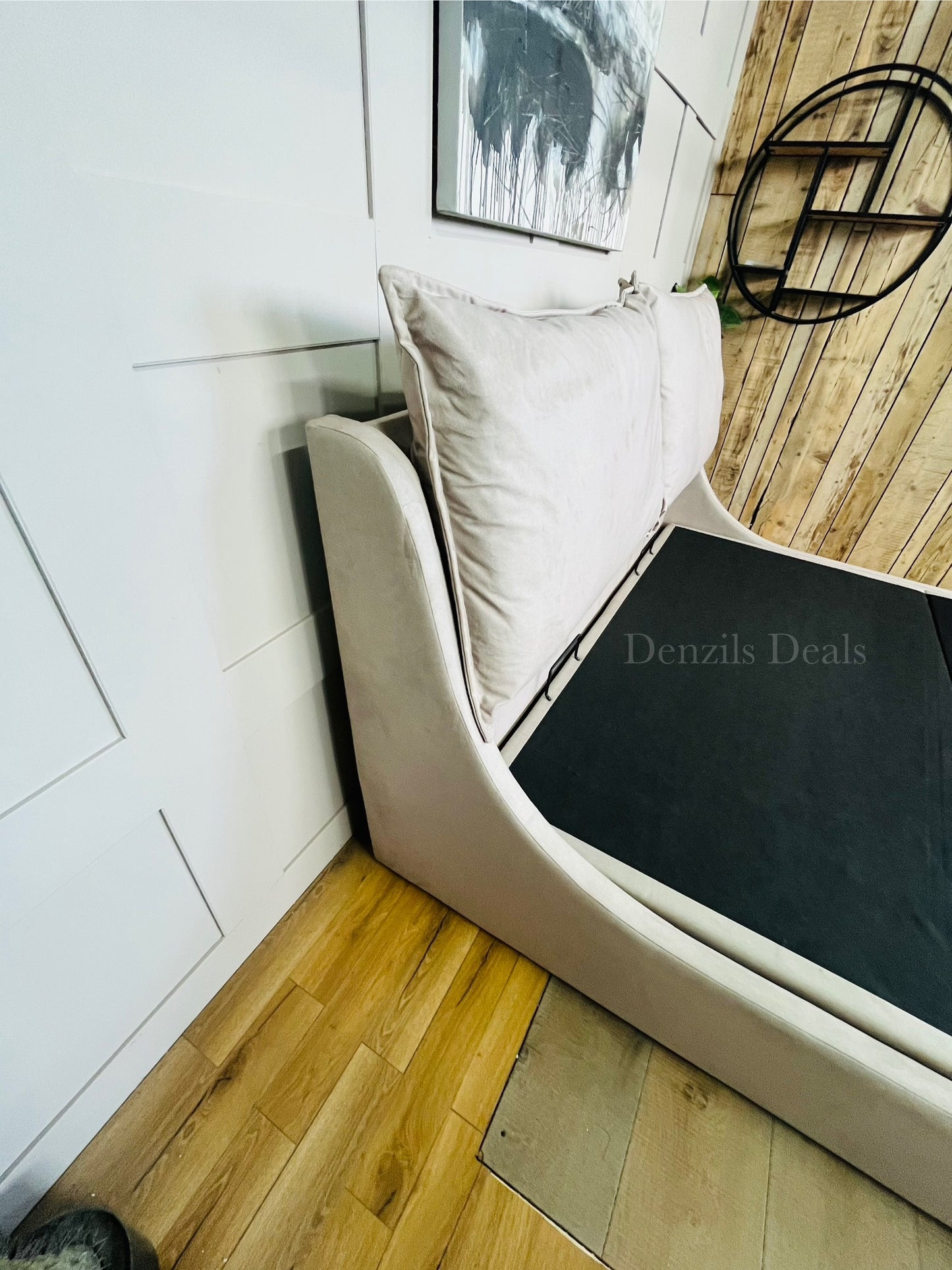 Super King-size Ottoman Bed, Wren Smooth Stone Fabric Oak FurnitureLand