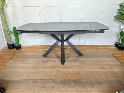 RHODES TWIST TOP STYLE EXTENDING DINING TABLE PRINTED GLASS HPL FINISH RRP £899.