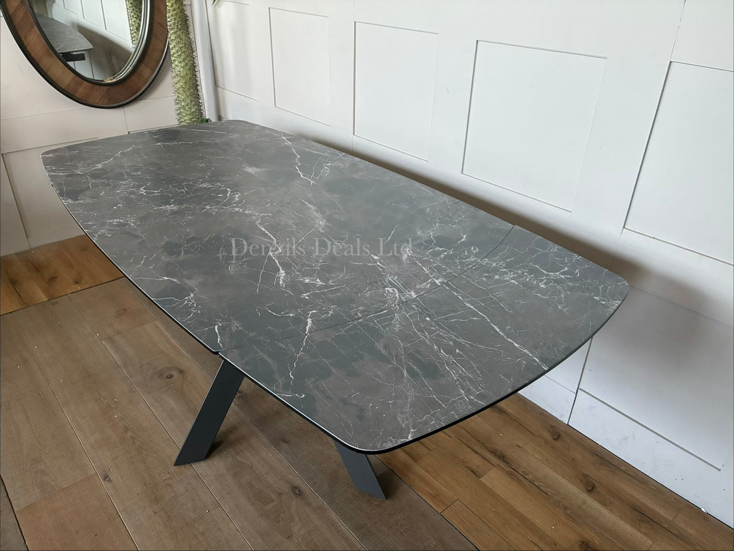 RHODES TWIST TOP STYLE EXTENDING DINING TABLE PRINTED GLASS HPL FINISH RRP £899.