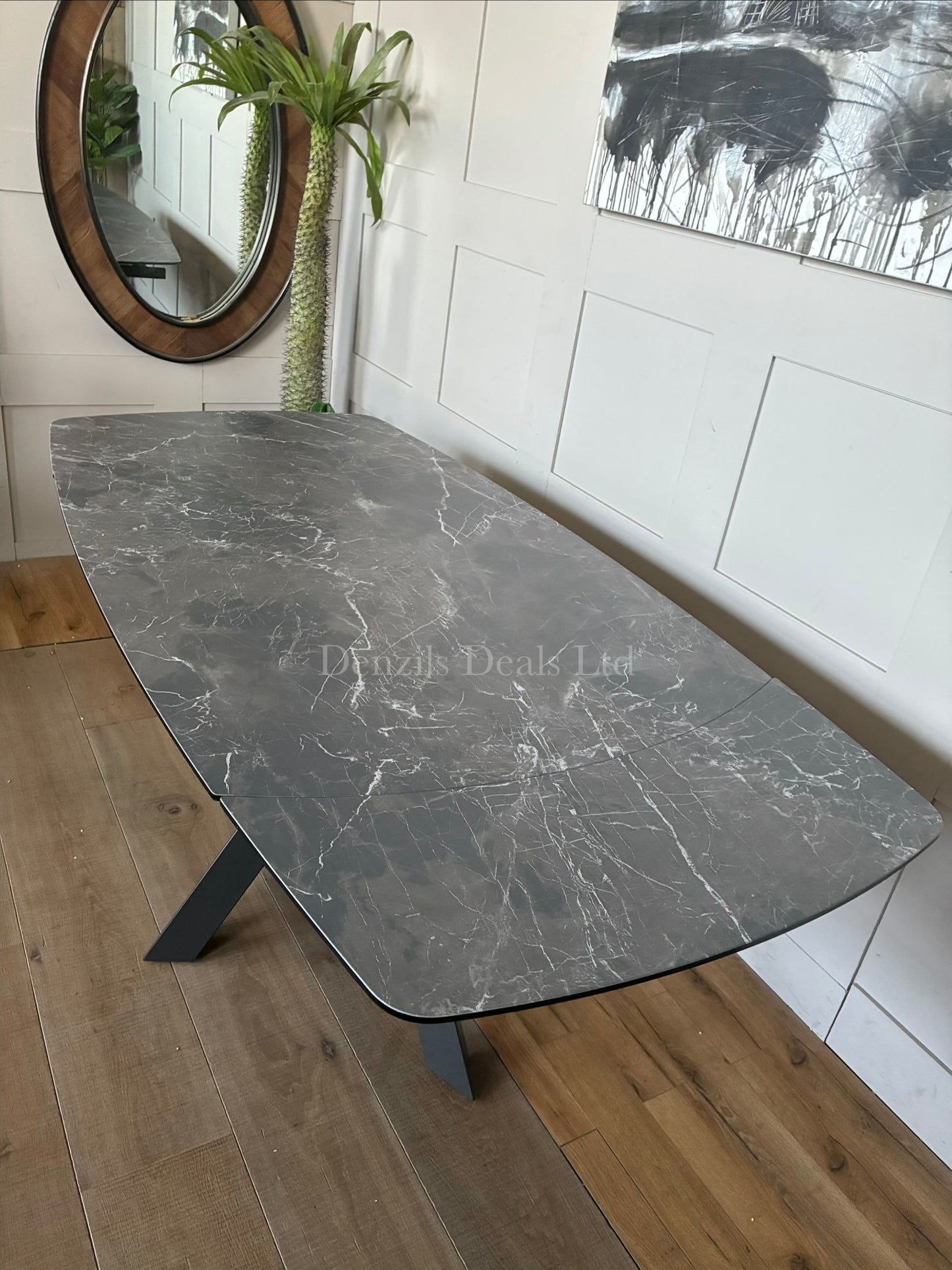 RHODES TWIST TOP STYLE EXTENDING DINING TABLE PRINTED GLASS HPL FINISH RRP £899.