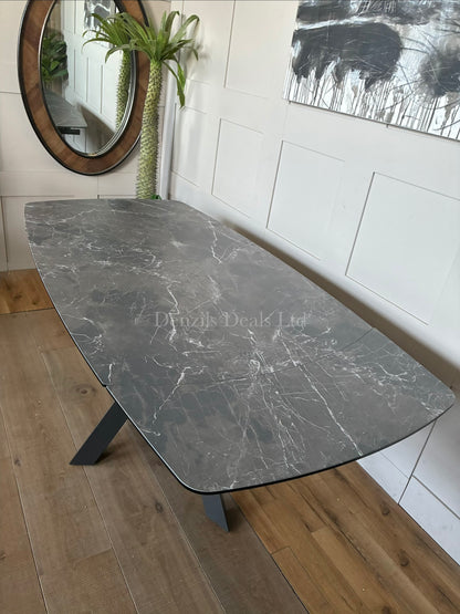 RHODES TWIST TOP STYLE EXTENDING DINING TABLE PRINTED GLASS HPL FINISH RRP £899.