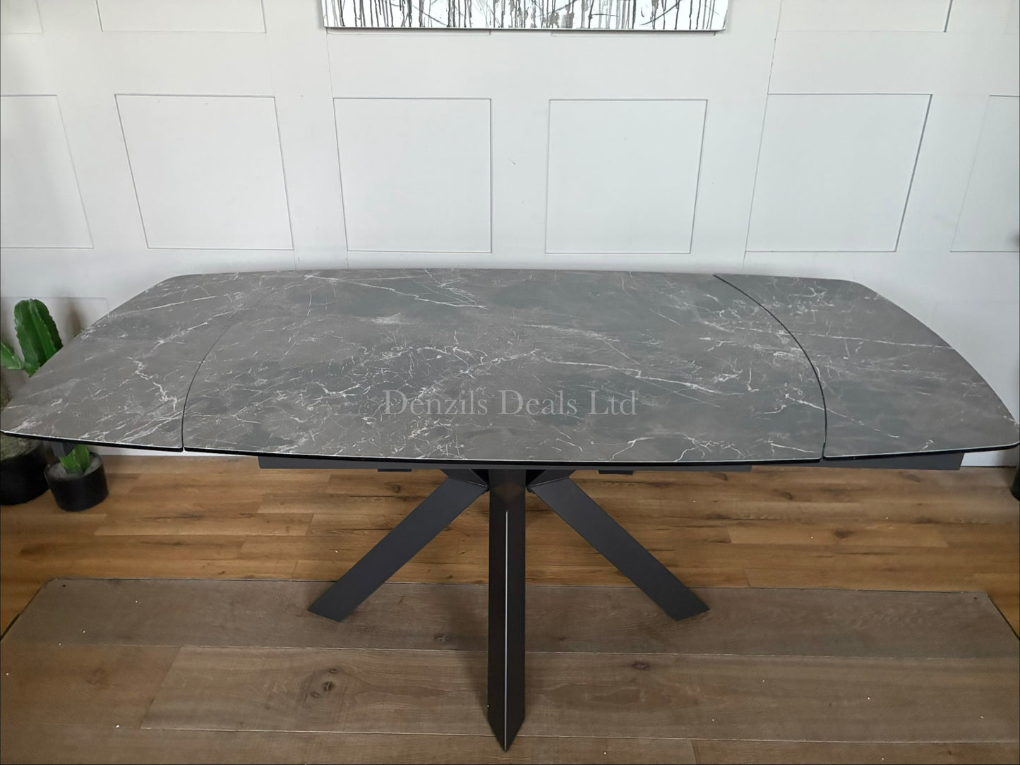 RHODES TWIST TOP STYLE EXTENDING DINING TABLE PRINTED GLASS HPL FINISH RRP £899.
