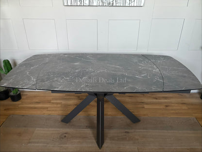 RHODES TWIST TOP STYLE EXTENDING DINING TABLE PRINTED GLASS HPL FINISH RRP £899.