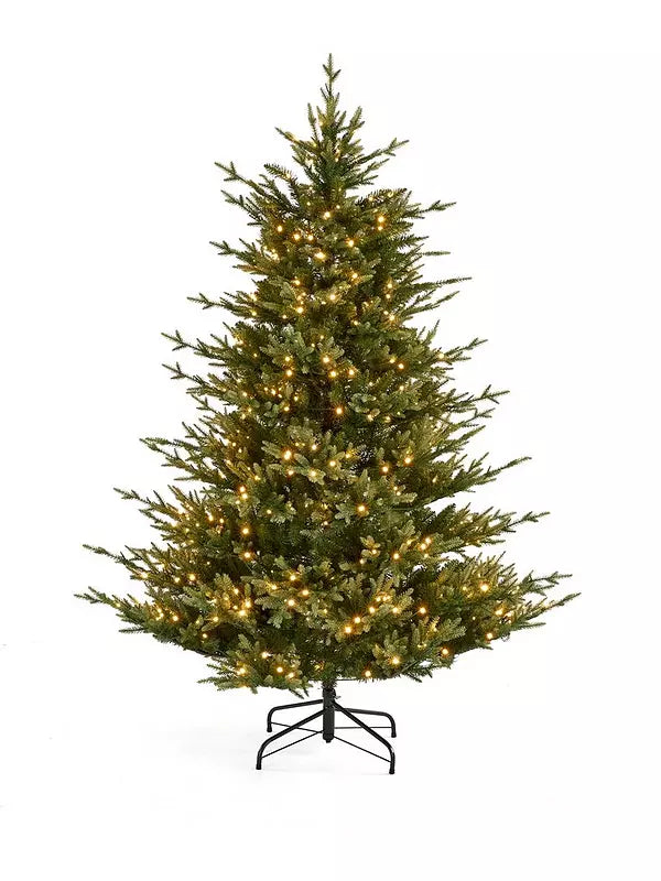 A full and dense 6ft artificial Grand Nottingham Fir Christmas tree styled in a cozy living room. The tree features highly realistic green foliage with 3,742 branch tips, warmly illuminated by 600 built-in warm white LED lights that cast a soft, festive glow