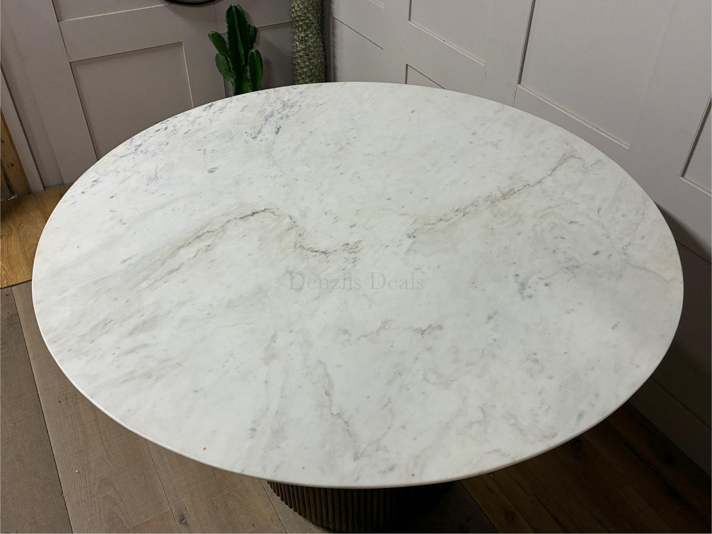 Amelie  White Marble 120cm Round Dining Table with Wave Mango Wood Base Rrp £934