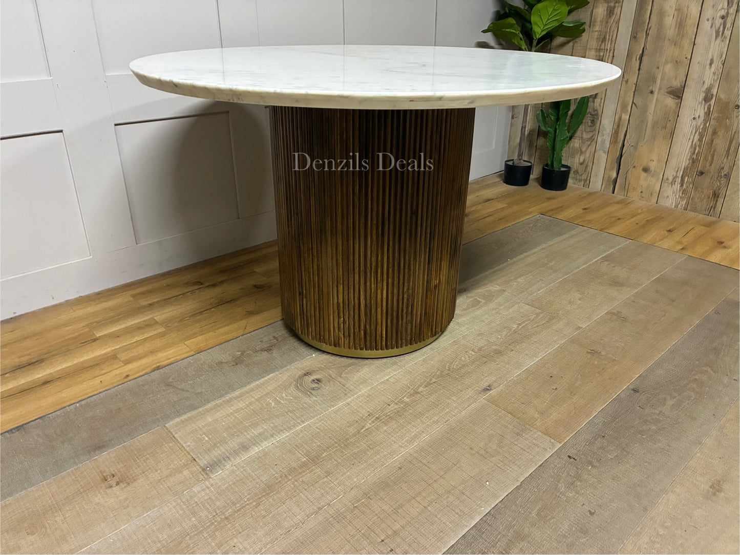 Amelie  White Marble 120cm Round Dining Table with Wave Mango Wood Base Rrp £934