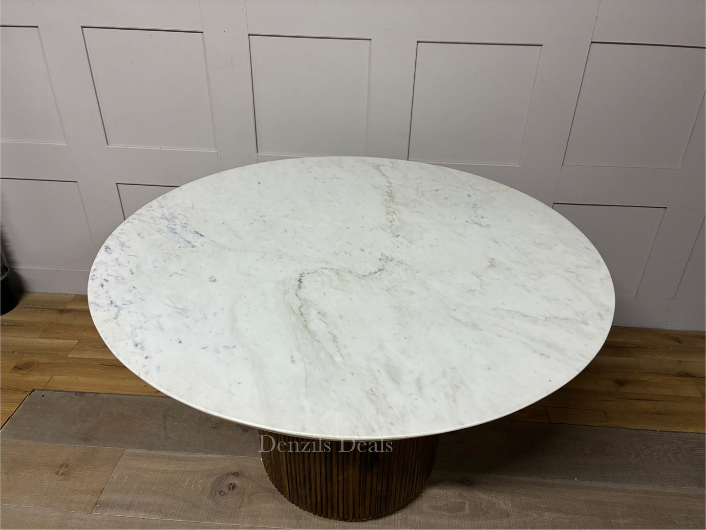 Amelie  White Marble 120cm Round Dining Table with Wave Mango Wood Base Rrp £934