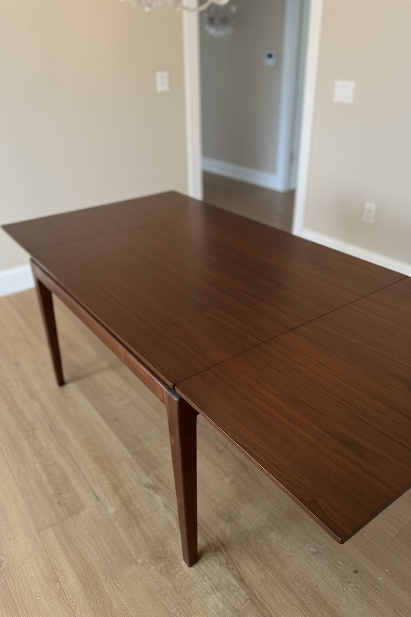 The AM.PM Yolo walnut dining table fully extended to its 10-seater configuration, highlighting the seamless wood grain center extension panels.