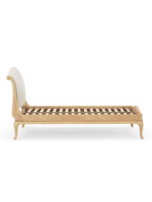 A John Lewis grand, super king-size wooden sleigh bed frame crafted from solid oak with a warm, natural lacquered grain. The bed features a tall, gently scrolled headboard with traditional French-style carvings and a matching low-end footboard that curves subtly outward
