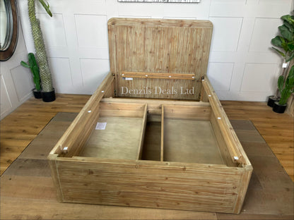 A Loaf Woody double bed frame handcrafted from textured, reclaimed solid fir wood. The rustic, natural wood frame features a raw-looking headboard with exposed grain variations, minimalist clean lines, and integrated under-bed storage space No slats