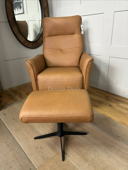 A contemporary John Lewis manual recliner armchair and matching footstool set, upholstered in a warm tan leather showing natural grain characteristics. The armchair features an ergonomic, cushioned silhouette with foam and fibre filling, supported by four sleek, angled metal legs.
