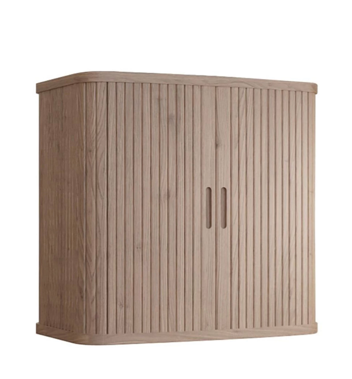 A contemporary Tambour collection hideaway desk top unit in a grey waxed wood finish, featuring flexible slatted sliding doors pulled back to show internal storage space, shown with removable legs
