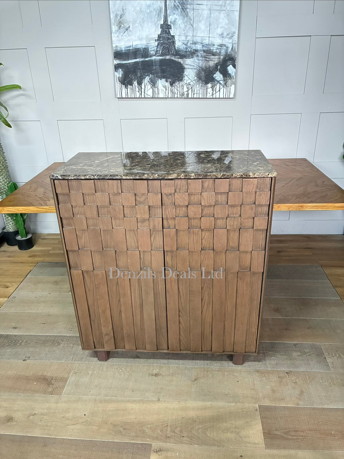 A dark brown John Lewis Check drinks cabinet featuring dark-stained oak doors with a geometric check pattern and a polished brown Emperador marble top.