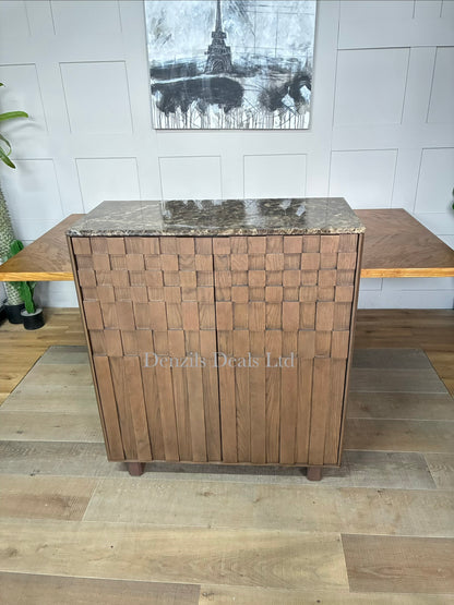 A dark brown John Lewis Check drinks cabinet featuring dark-stained oak doors with a geometric check pattern and a polished brown Emperador marble top.